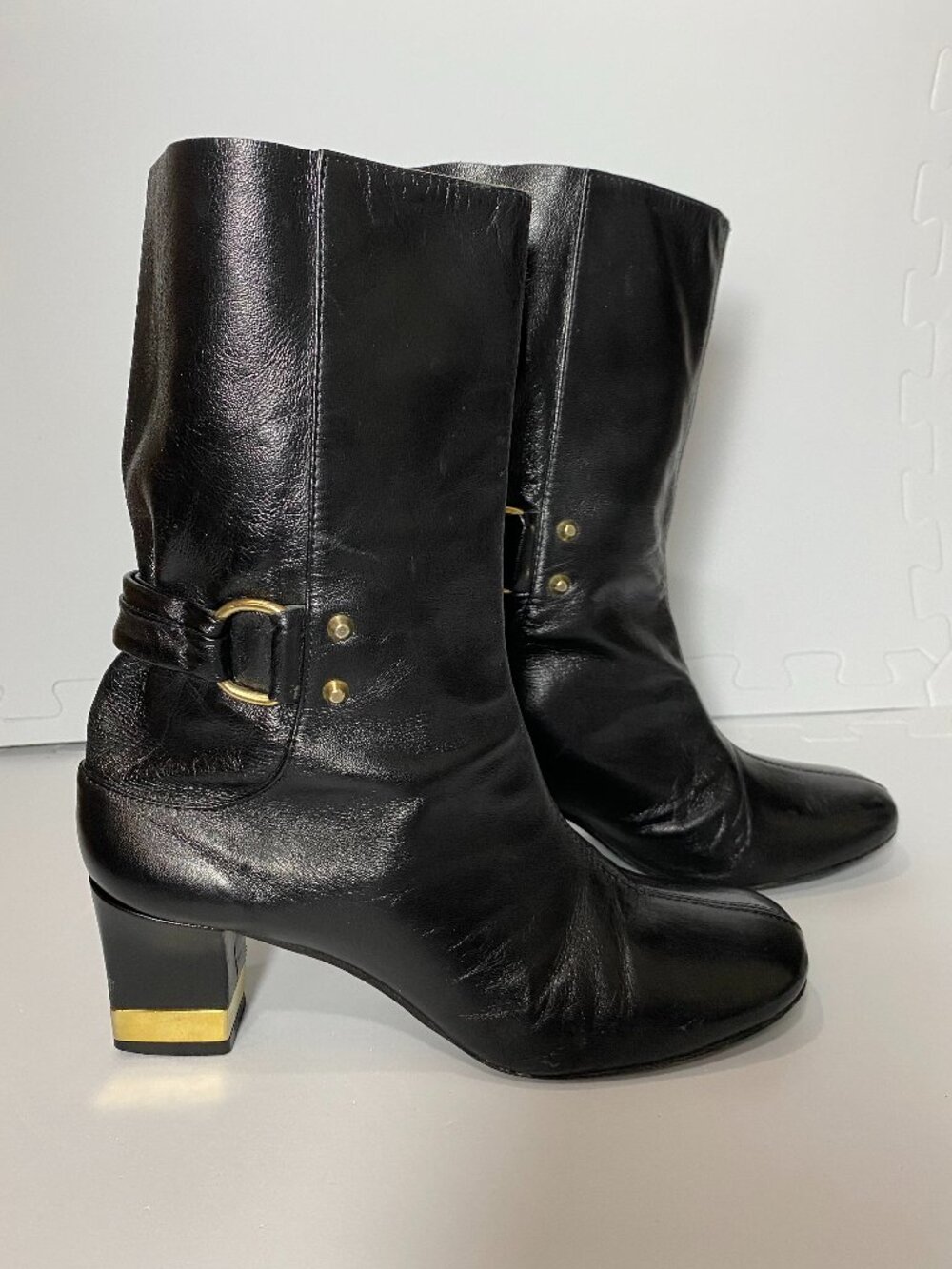 HEGOS Black MADE IN ITALY Leather Mid Calf Boots Gold Heel Cap Women's 38 / 7.5